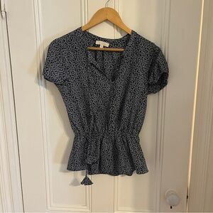 Floral Blue Peplum Blouse with Tassels